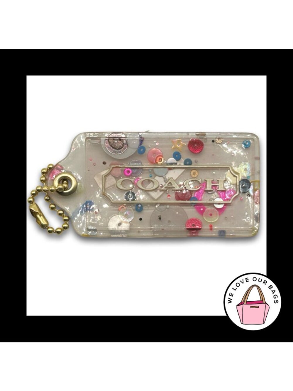 COACH POPPY CONFETTI Hang Tag Bag 3.5" Charm Keychain Fob Sequin Plastic Brass - Picture 3 of 4